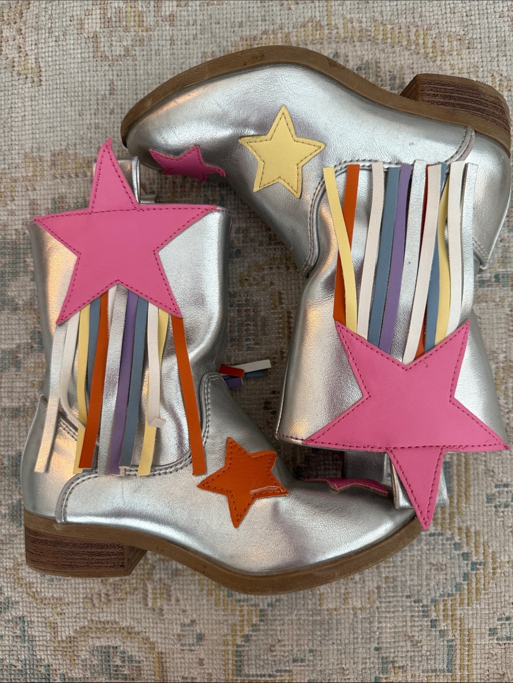 Girls Silver Star Fringe cowgirl Boots with Pink & Orange Accents